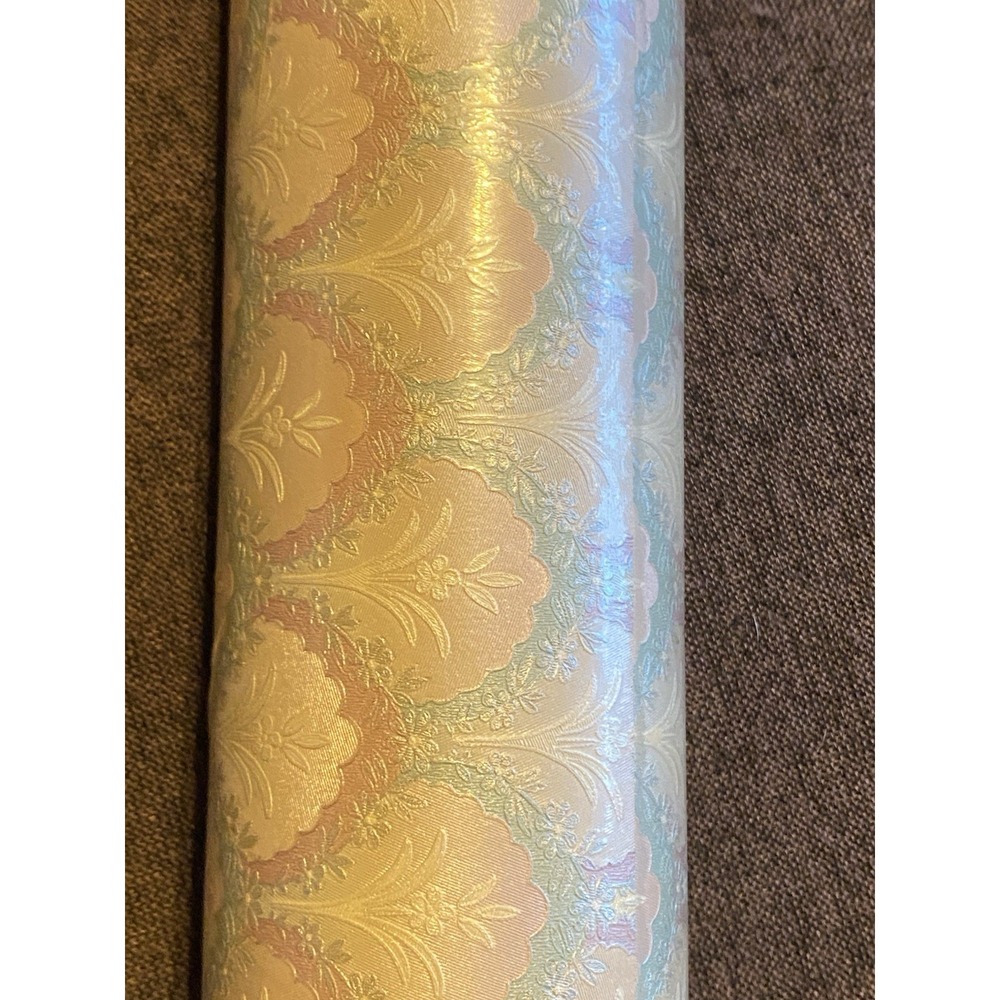 BORDEN Vtg Wallpaper 1 Roll Shiny Pink Gray Floral Fans Vinyl Coated 55.4 Sq Ft